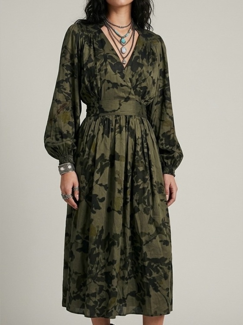 BELLEROSE Sarah Green Abstract Print Viscose Wrap Midi Dress Size 0